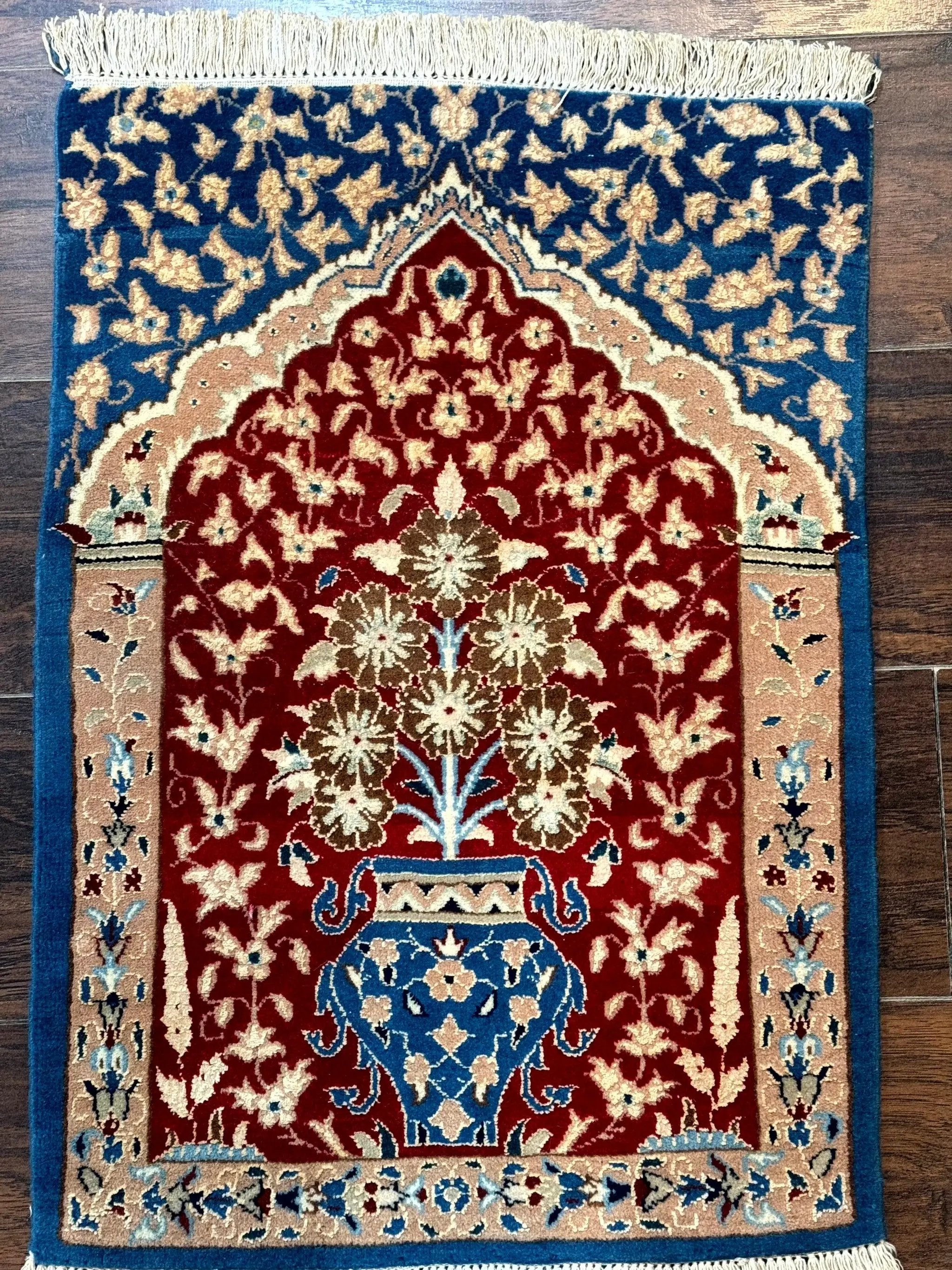 Small Persian Nain Rug, Persian Vase Tree of Life Design, Red and Blue, Very Fine 260 KPSI, Wool and Silk Highlights by Jewel Rugs