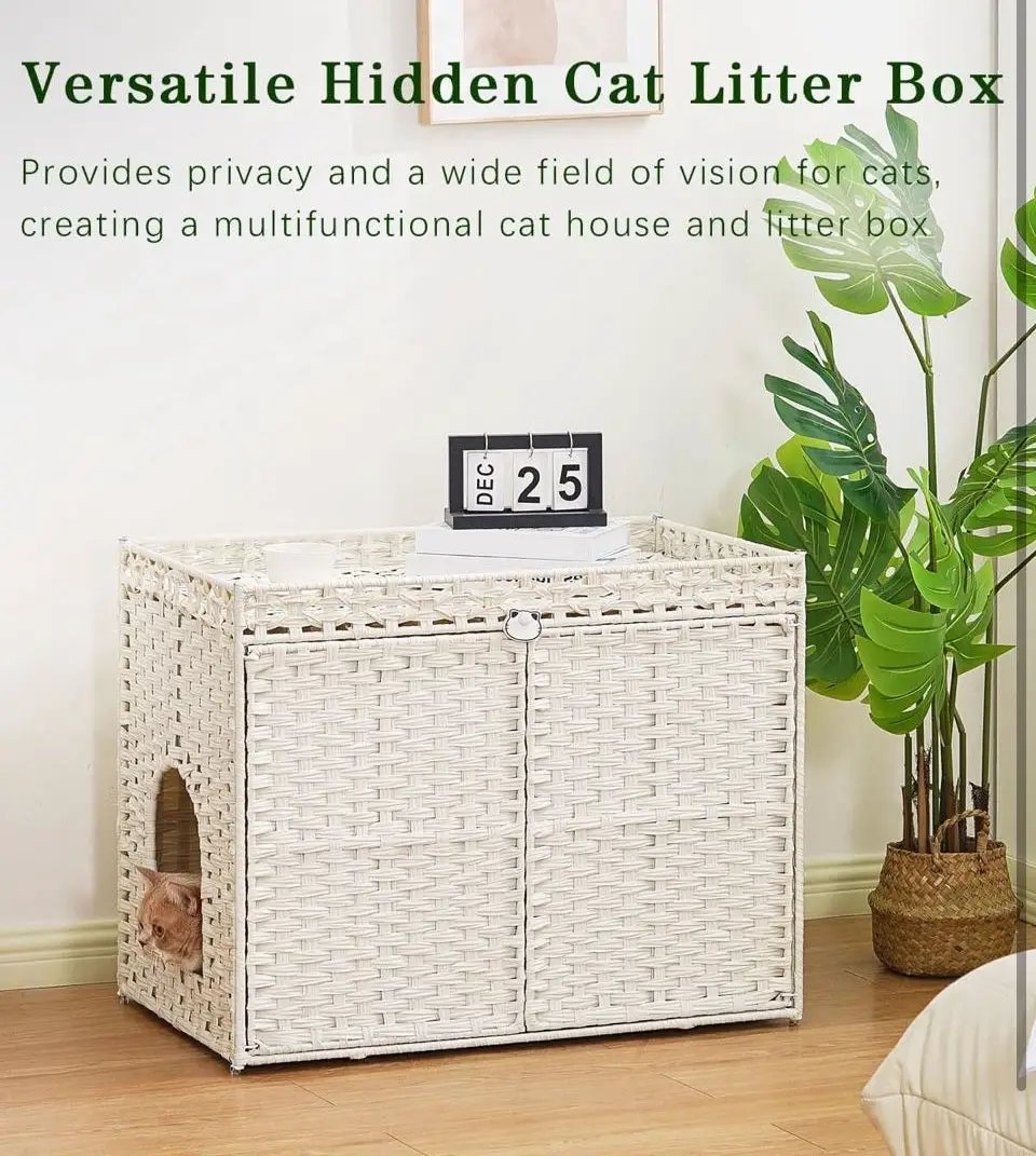 Brand New SETVSON Cat Litter Box Enclosure Furniture, Handwoven Rattan Hidden Litter Box with Mat, Large Space Cat House with 2 S-Shaped Hooks 30.3 x 18.3 x 24.4 Inches, Indoor for Living Room Apartment White PABLO by Selzalot