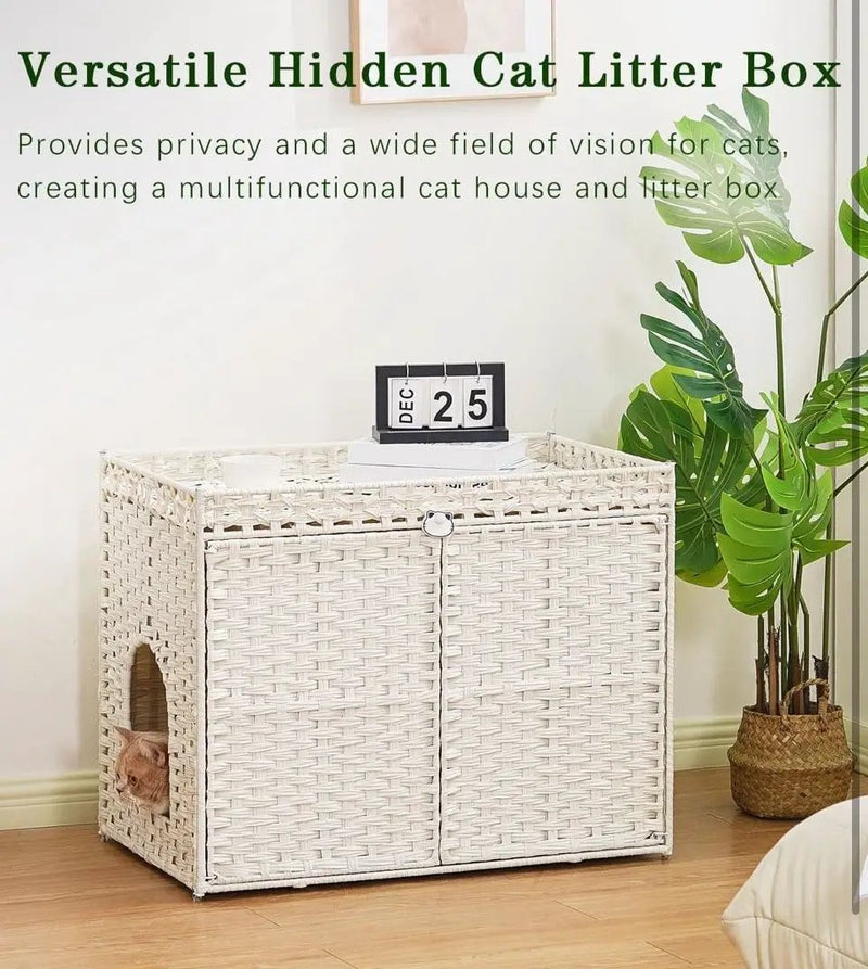 Brand New SETVSON Cat Litter Box Enclosure Furniture, Handwoven Rattan Hidden Litter Box with Mat, Large Space Cat House with 2 S-Shaped Hooks 30.3 x 18.3 x 24.4 Inches, Indoor for Living Room Apartment White PABLO by Selzalot
