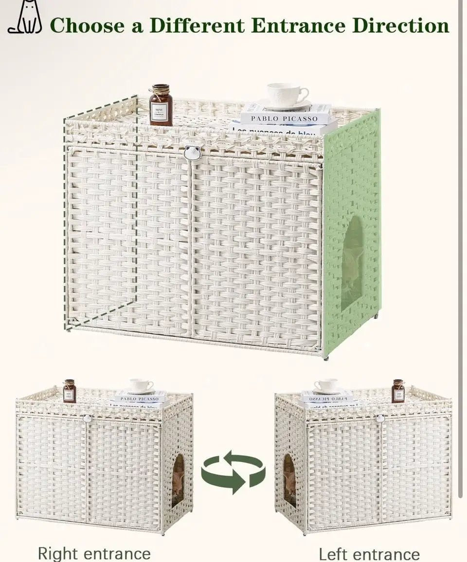 Brand New SETVSON Cat Litter Box Enclosure Furniture, Handwoven Rattan Hidden Litter Box with Mat, Large Space Cat House with 2 S-Shaped Hooks 30.3 x 18.3 x 24.4 Inches, Indoor for Living Room Apartment White PABLO by Selzalot