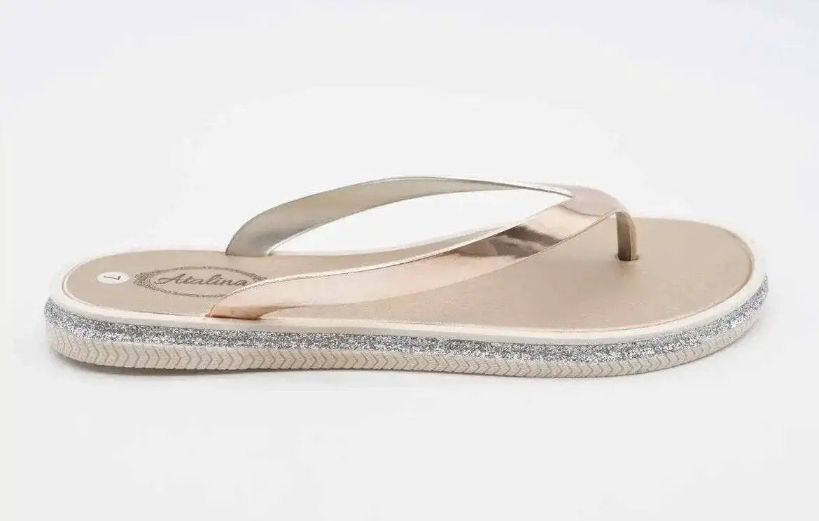 Atalina Sandals Womens Rose Gold Silver Glitter Thong Flip Flop Flat Heel by Selzalot