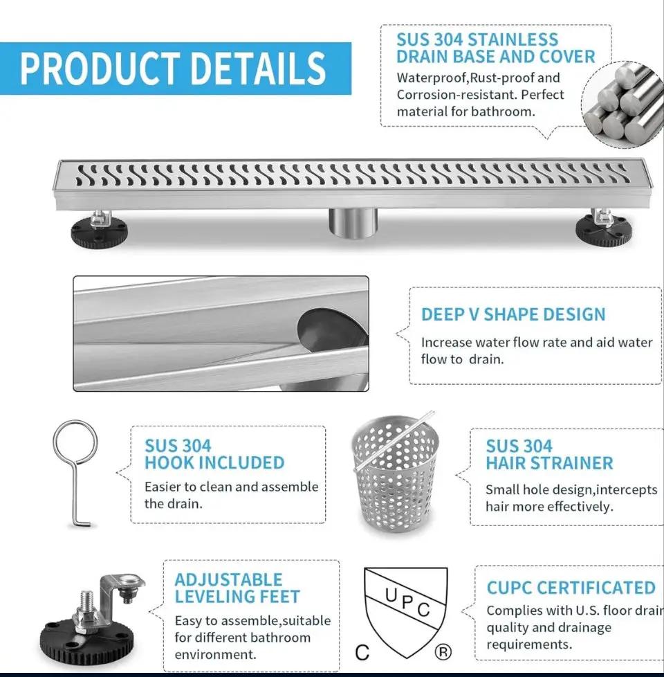 Open Box Linear Shower Drain 36 inch, Floor Drain with Removable Pattern Grate, 304 Stainless Steel Rectangular Linear Drain with Hair Strainer, CUPC by Selzalot