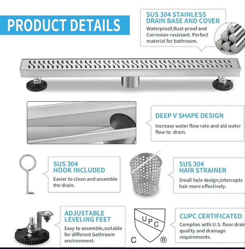Open Box Linear Shower Drain 36 inch, Floor Drain with Removable Pattern Grate, 304 Stainless Steel Rectangular Linear Drain with Hair Strainer, CUPC by Selzalot