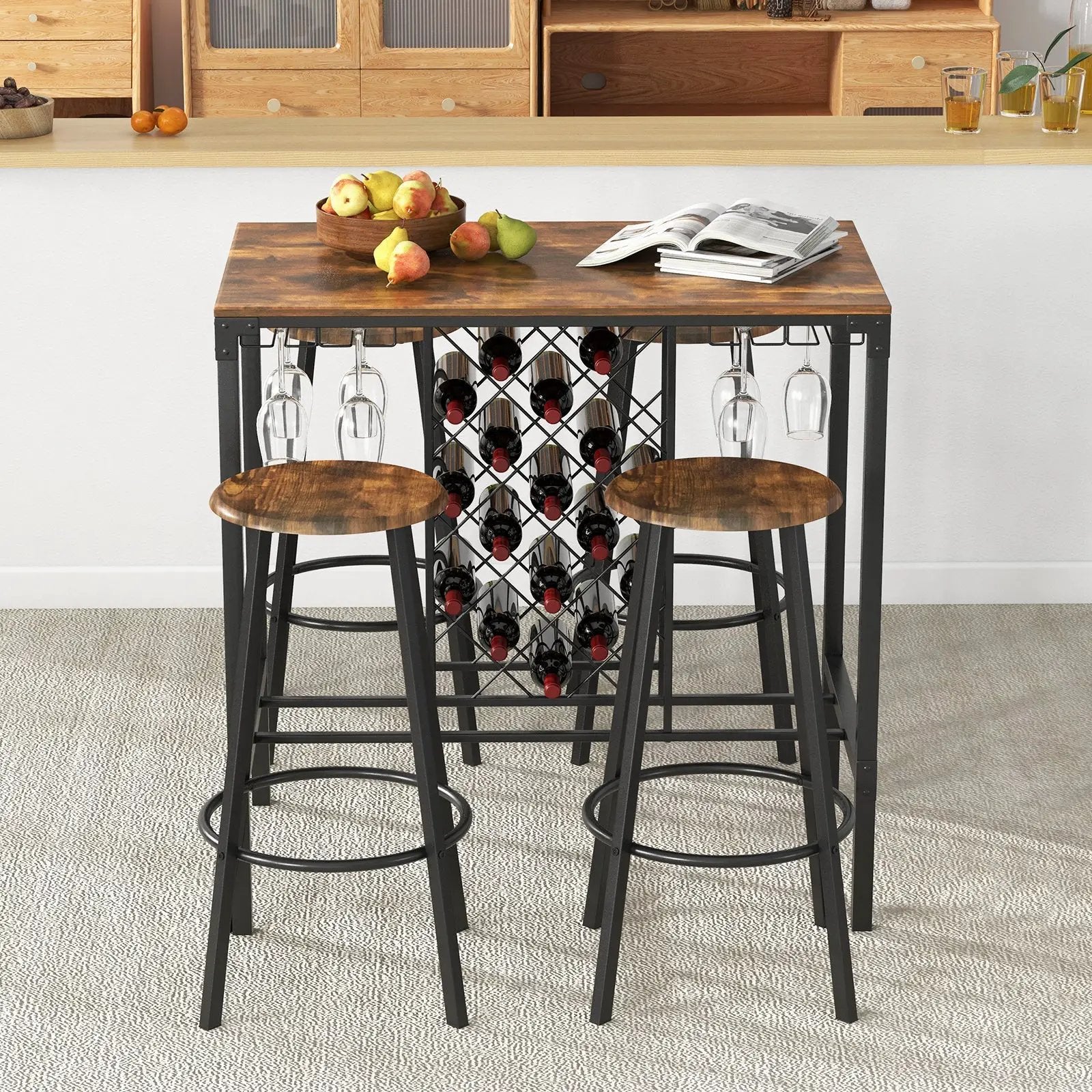 5 Pieces Bar Table and Stools Set with Wine Rack and Glass Holder-Rustic Brown by DirectDeals