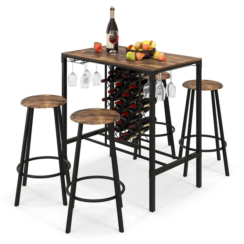 5 Pieces Bar Table and Stools Set with Wine Rack and Glass Holder-Rustic Brown by DirectDeals