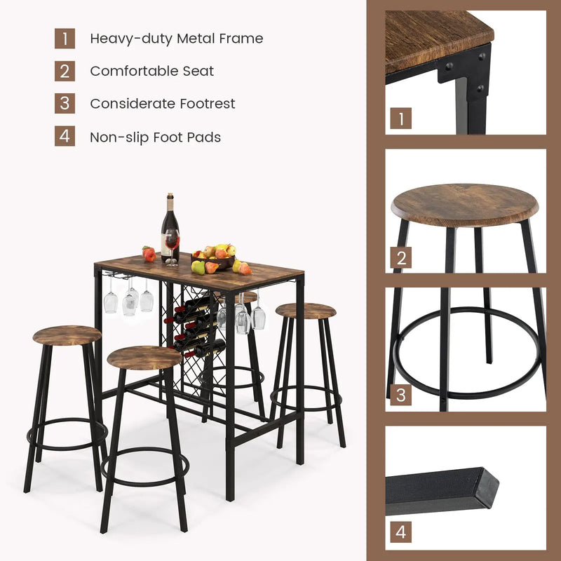 5 Pieces Bar Table and Stools Set with Wine Rack and Glass Holder-Rustic Brown by DirectDeals