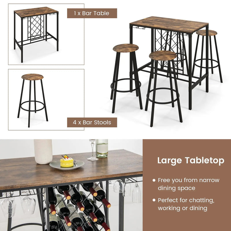 5 Pieces Bar Table and Stools Set with Wine Rack and Glass Holder-Rustic Brown by DirectDeals