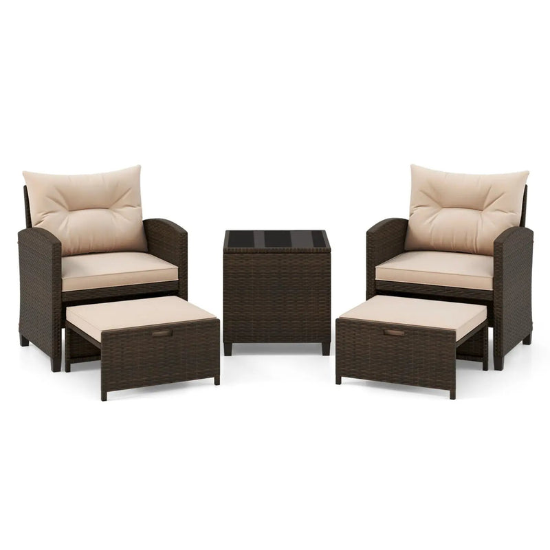 5 Pieces Patio Rattan Furniture with 2 Ottomans and Tempered Glass Coffee Table-Red by DirectDeals