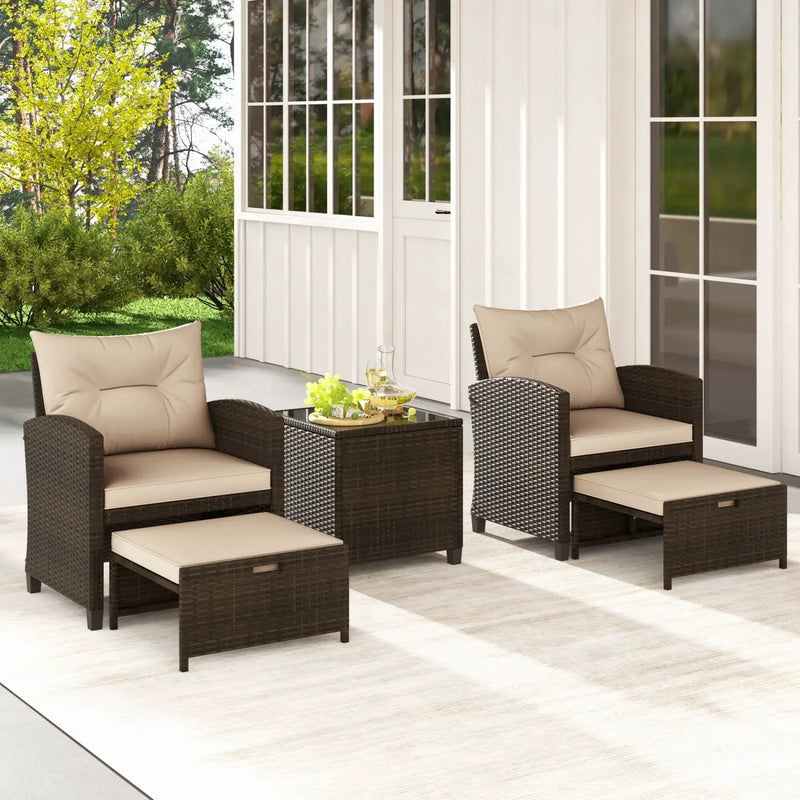 5 Pieces Patio Rattan Furniture with 2 Ottomans and Tempered Glass Coffee Table-Red by DirectDeals