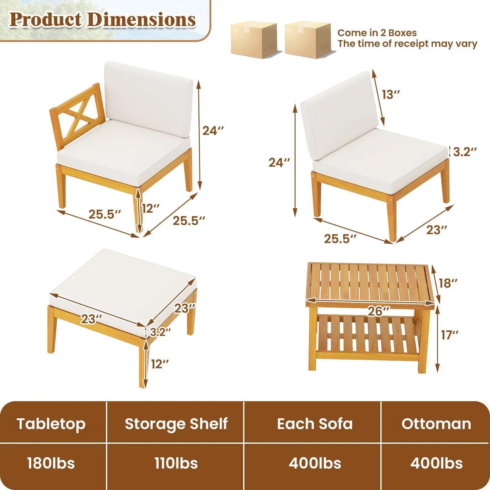 5 Pieces Acacia Wood Patio Furniture Set with 2-Tier Coffee Table and Cushions-White by DirectDeals
