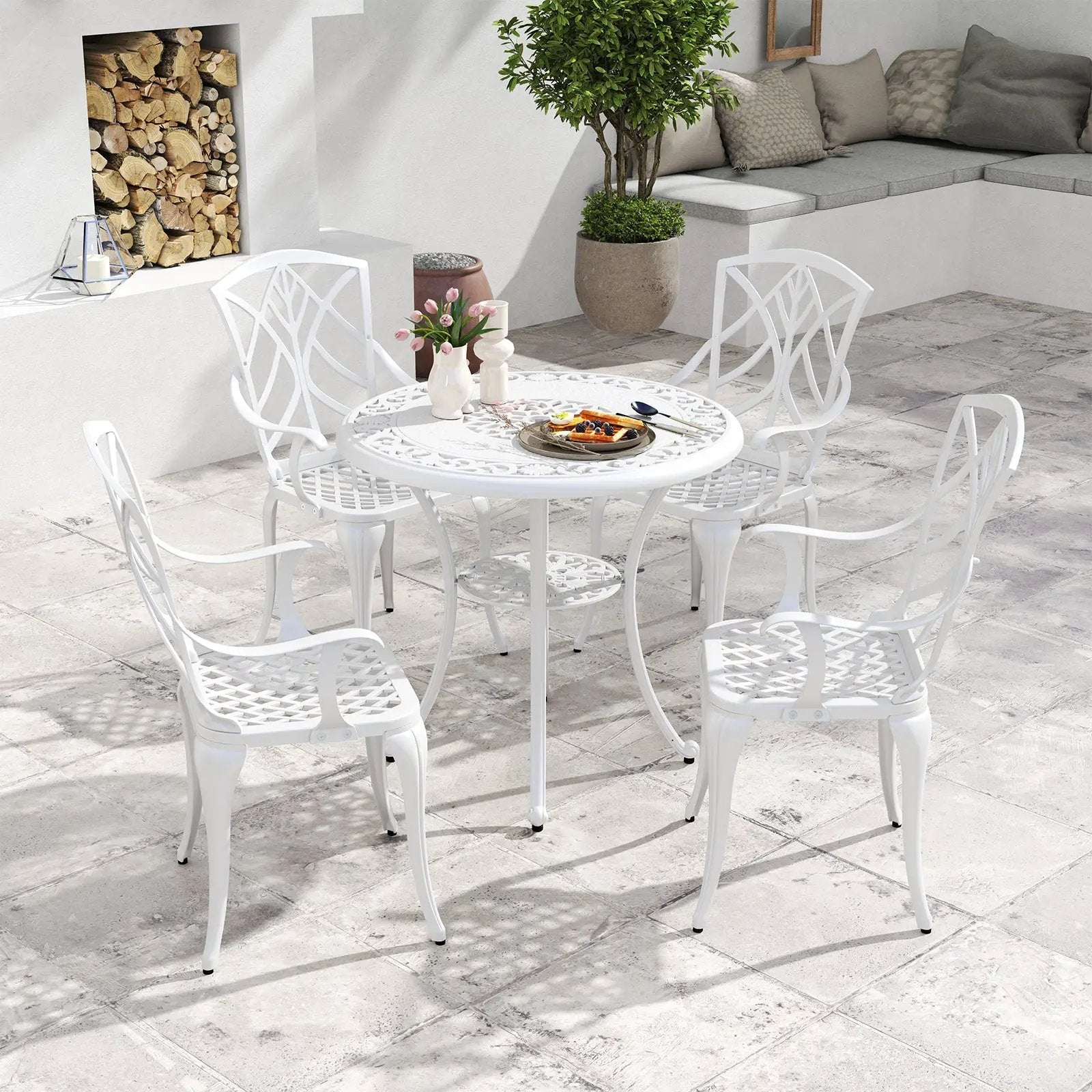 5 Piece Patio Cast Aluminum Dining Table Chair Set Bistro Set with Umbrella Hole-White by DirectDeals