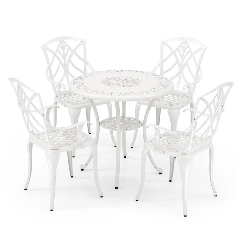 5 Piece Patio Cast Aluminum Dining Table Chair Set Bistro Set with Umbrella Hole-White by DirectDeals