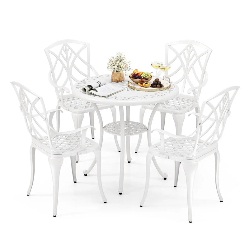 5 Piece Patio Cast Aluminum Dining Table Chair Set Bistro Set with Umbrella Hole-White by DirectDeals