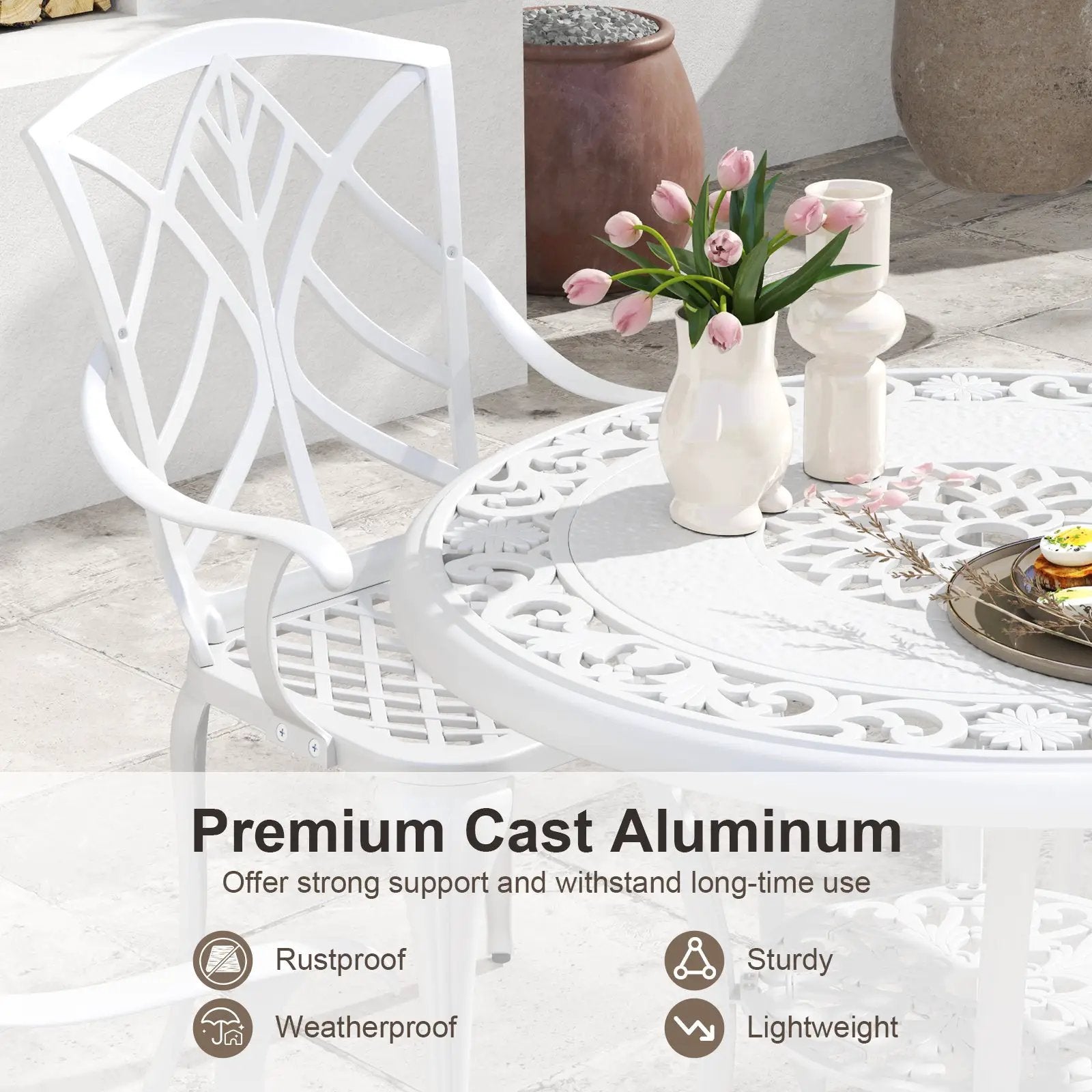 5 Piece Patio Cast Aluminum Dining Table Chair Set Bistro Set with Umbrella Hole-White by DirectDeals
