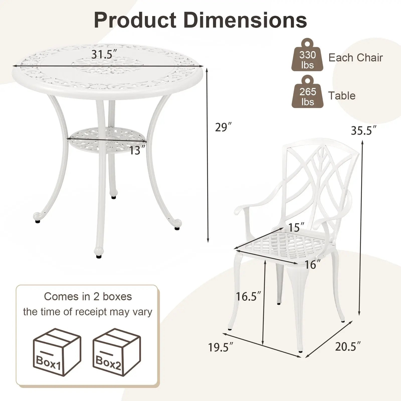 5 Piece Patio Cast Aluminum Dining Table Chair Set Bistro Set with Umbrella Hole-White by DirectDeals