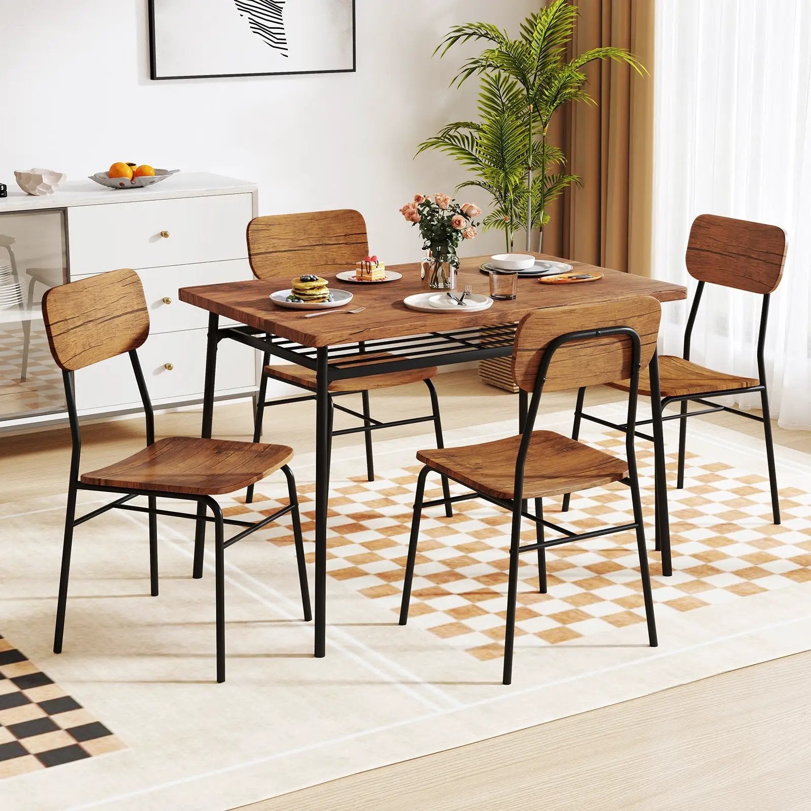 5-Piece Table Set for 4 with Metal Frame and Storage Rack-Brown by DirectDeals