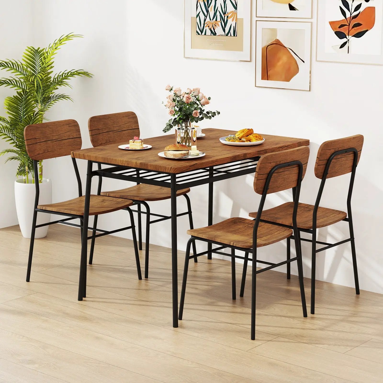 5-Piece Table Set for 4 with Metal Frame and Storage Rack-Brown by DirectDeals