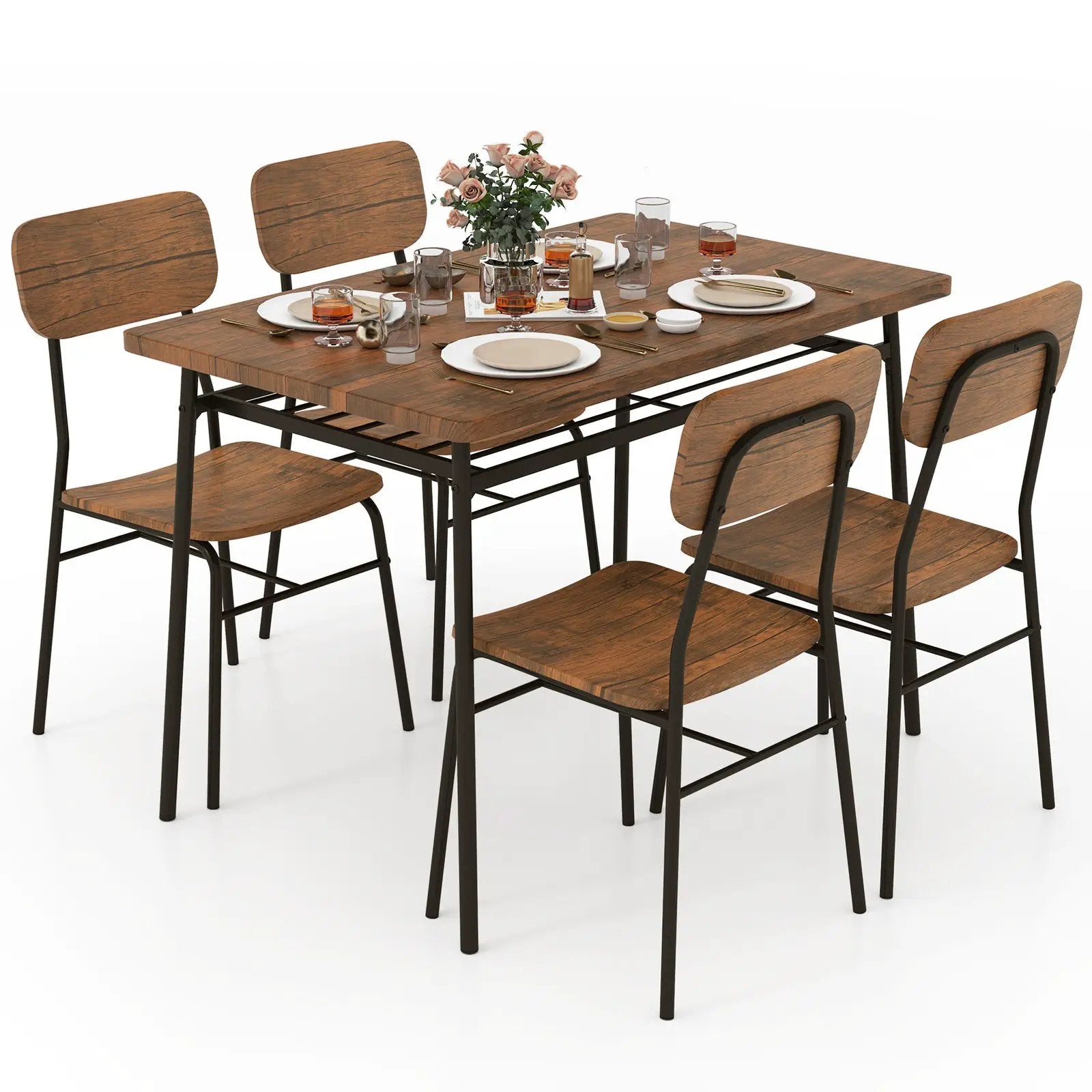 5-Piece Table Set for 4 with Metal Frame and Storage Rack-Brown by DirectDeals