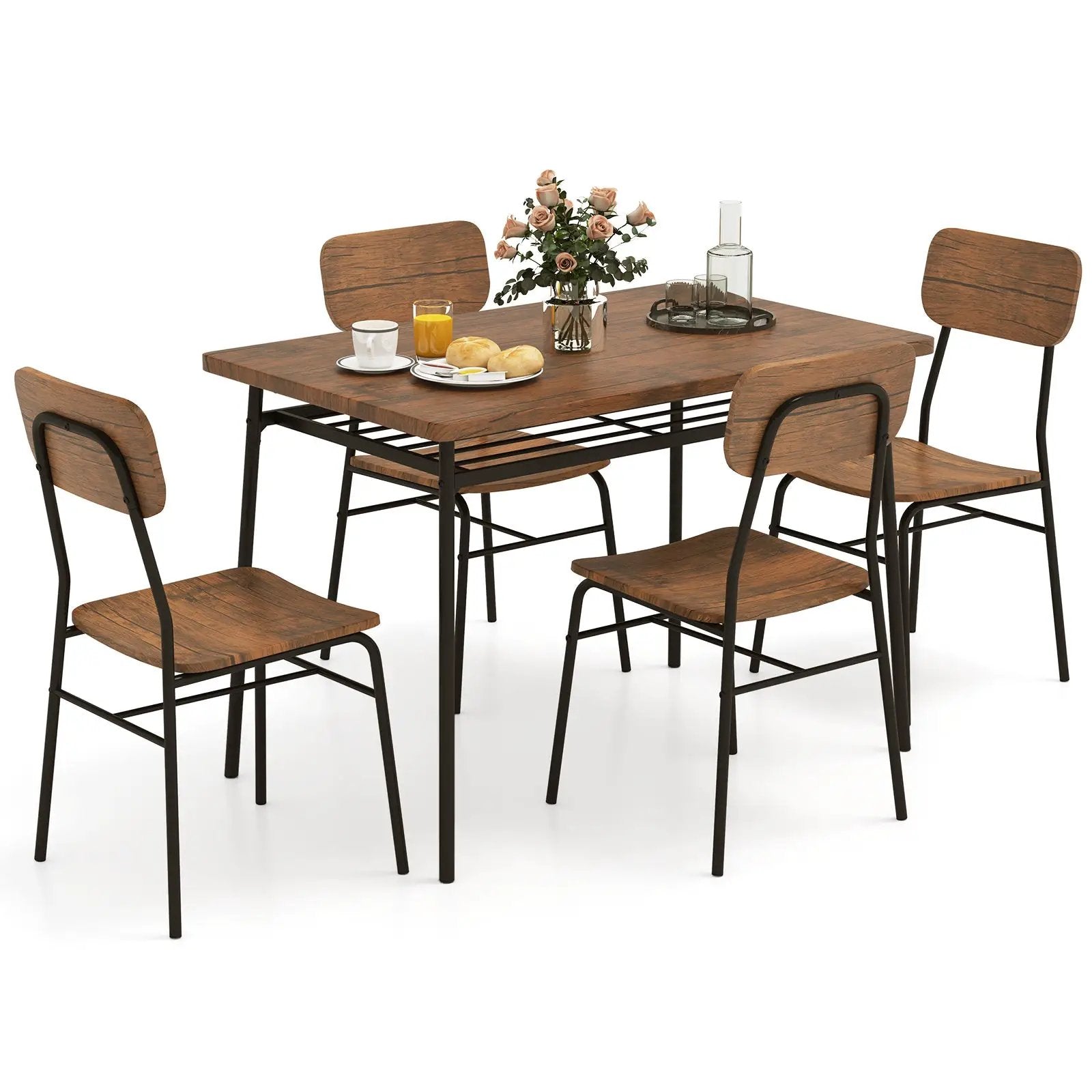 5-Piece Table Set for 4 with Metal Frame and Storage Rack-Brown by DirectDeals