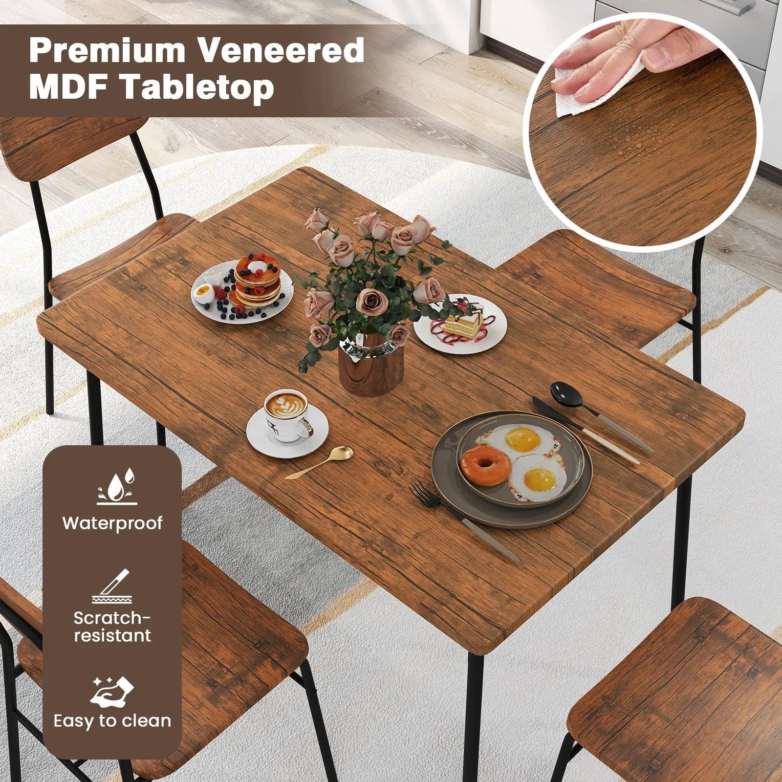 5-Piece Table Set for 4 with Metal Frame and Storage Rack-Brown by DirectDeals