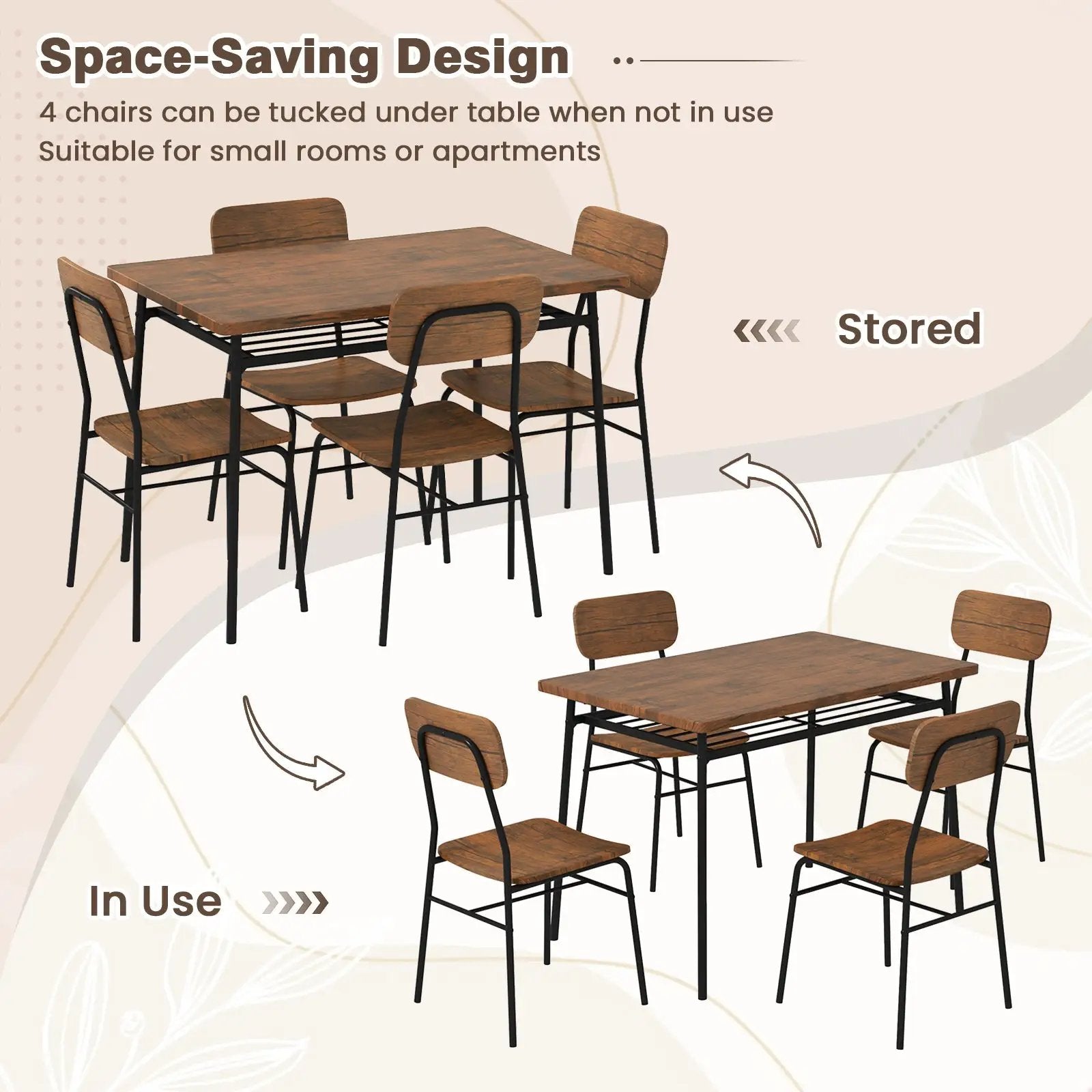 5-Piece Table Set for 4 with Metal Frame and Storage Rack-Brown by DirectDeals