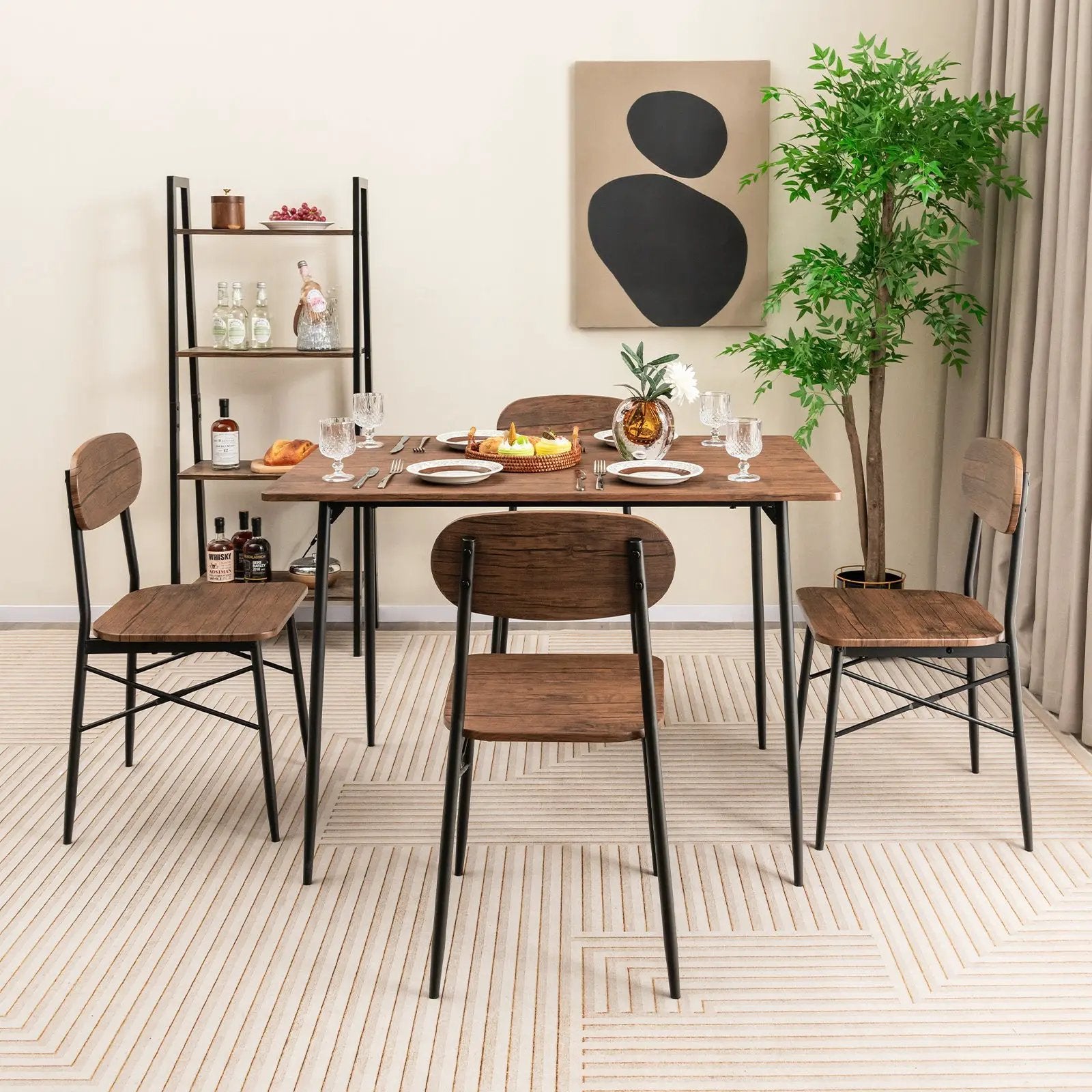 5 Piece Dining Table Set Rectangular with Backrest and Metal Legs for Breakfast Nook-Rustic Brown by DirectDeals