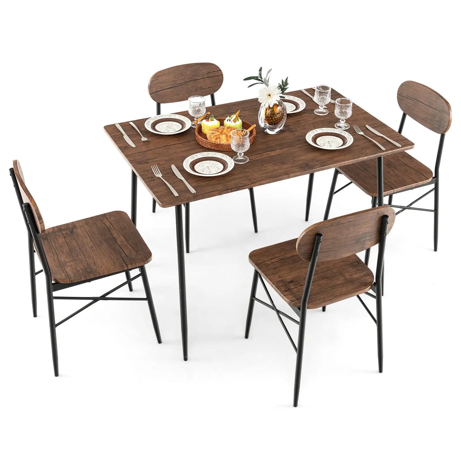 5 Piece Dining Table Set Rectangular with Backrest and Metal Legs for Breakfast Nook-Rustic Brown by DirectDeals