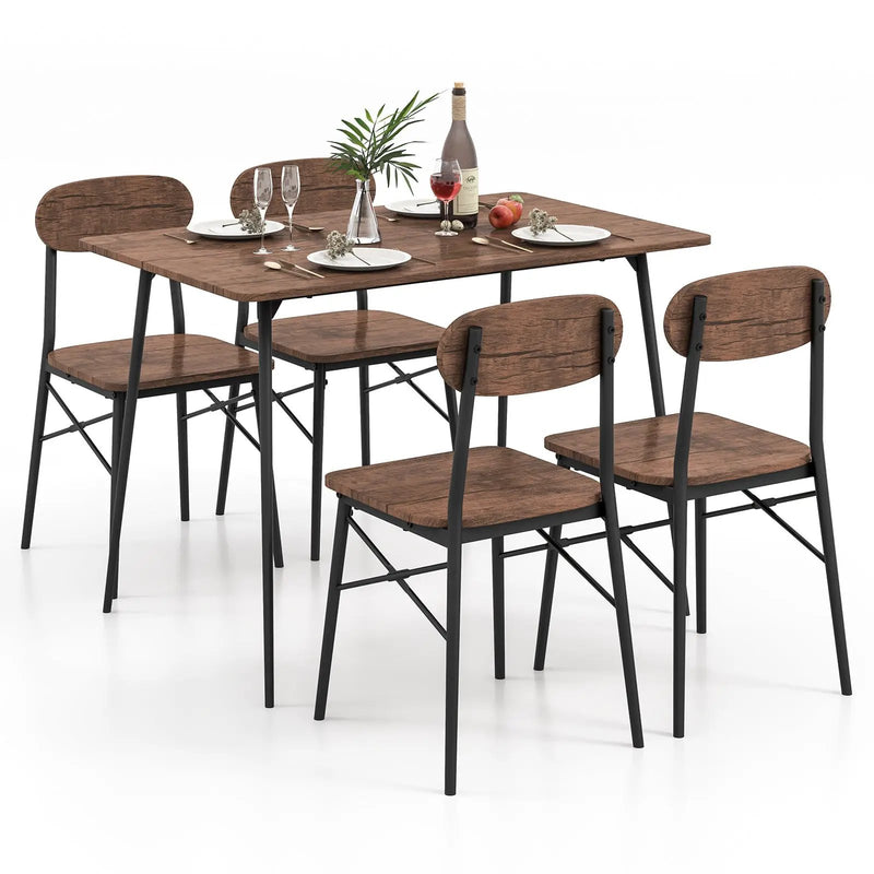 5 Piece Dining Table Set Rectangular with Backrest and Metal Legs for Breakfast Nook-Rustic Brown by DirectDeals