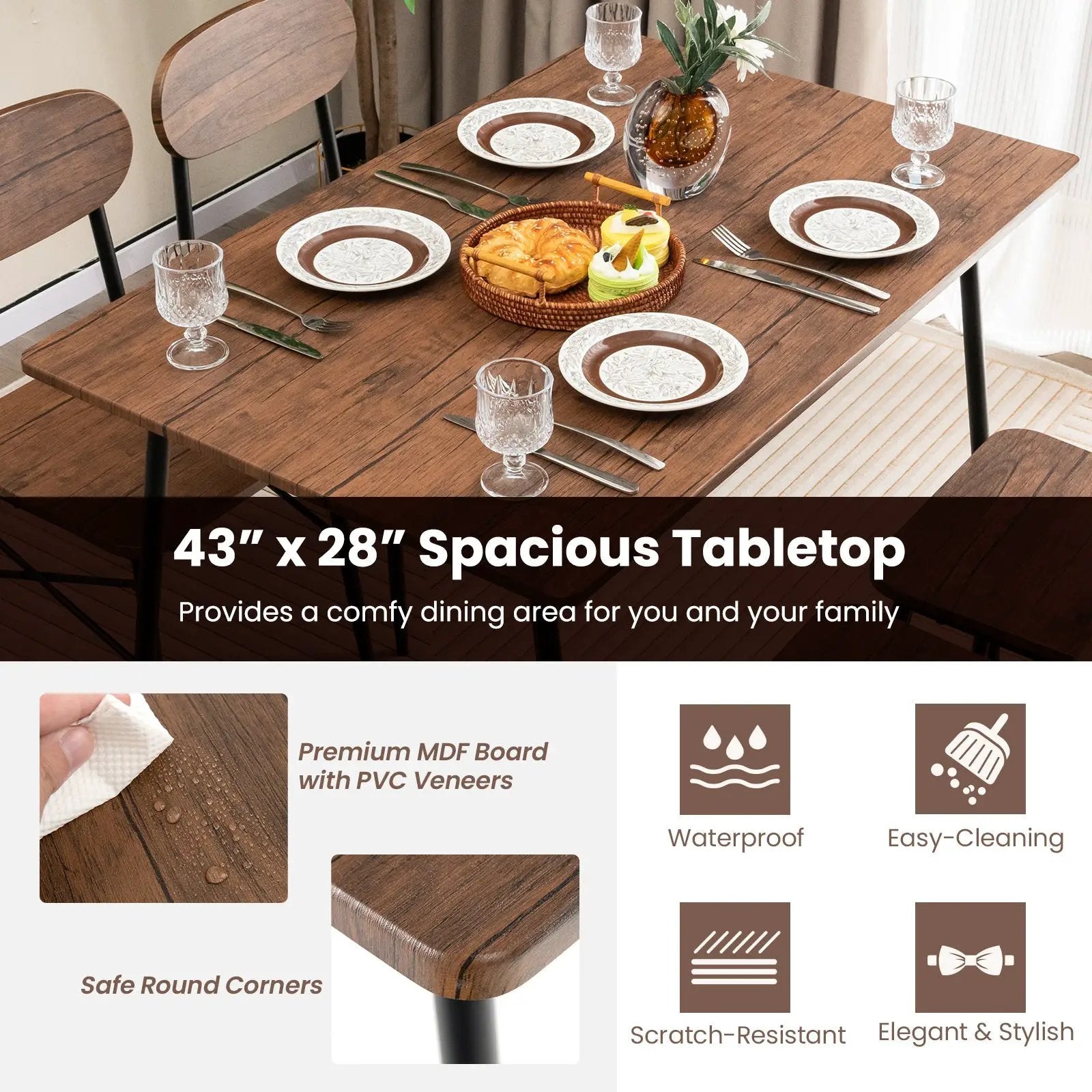 5 Piece Dining Table Set Rectangular with Backrest and Metal Legs for Breakfast Nook-Rustic Brown by DirectDeals