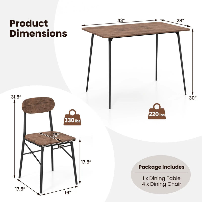 5 Piece Dining Table Set Rectangular with Backrest and Metal Legs for Breakfast Nook-Rustic Brown by DirectDeals