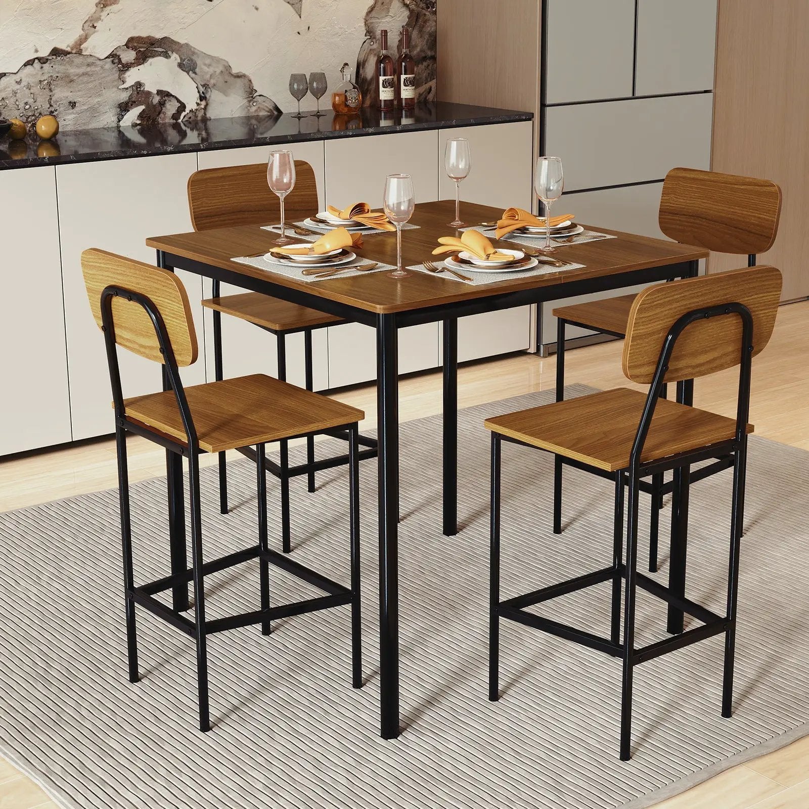 5 Pieces Industrial Dining Table Set with Counter Height Table and 4 Bar Stools-Coffee by DirectDeals
