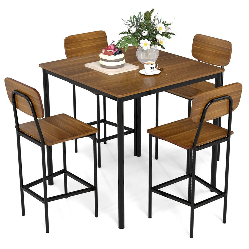 5 Pieces Industrial Dining Table Set with Counter Height Table and 4 Bar Stools-Coffee by DirectDeals