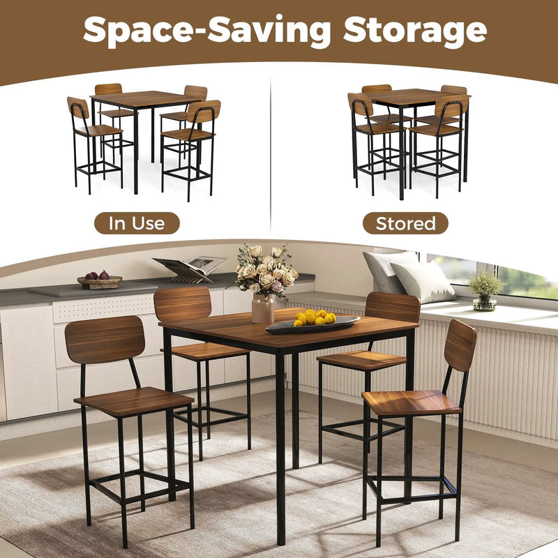 5 Pieces Industrial Dining Table Set with Counter Height Table and 4 Bar Stools-Coffee by DirectDeals