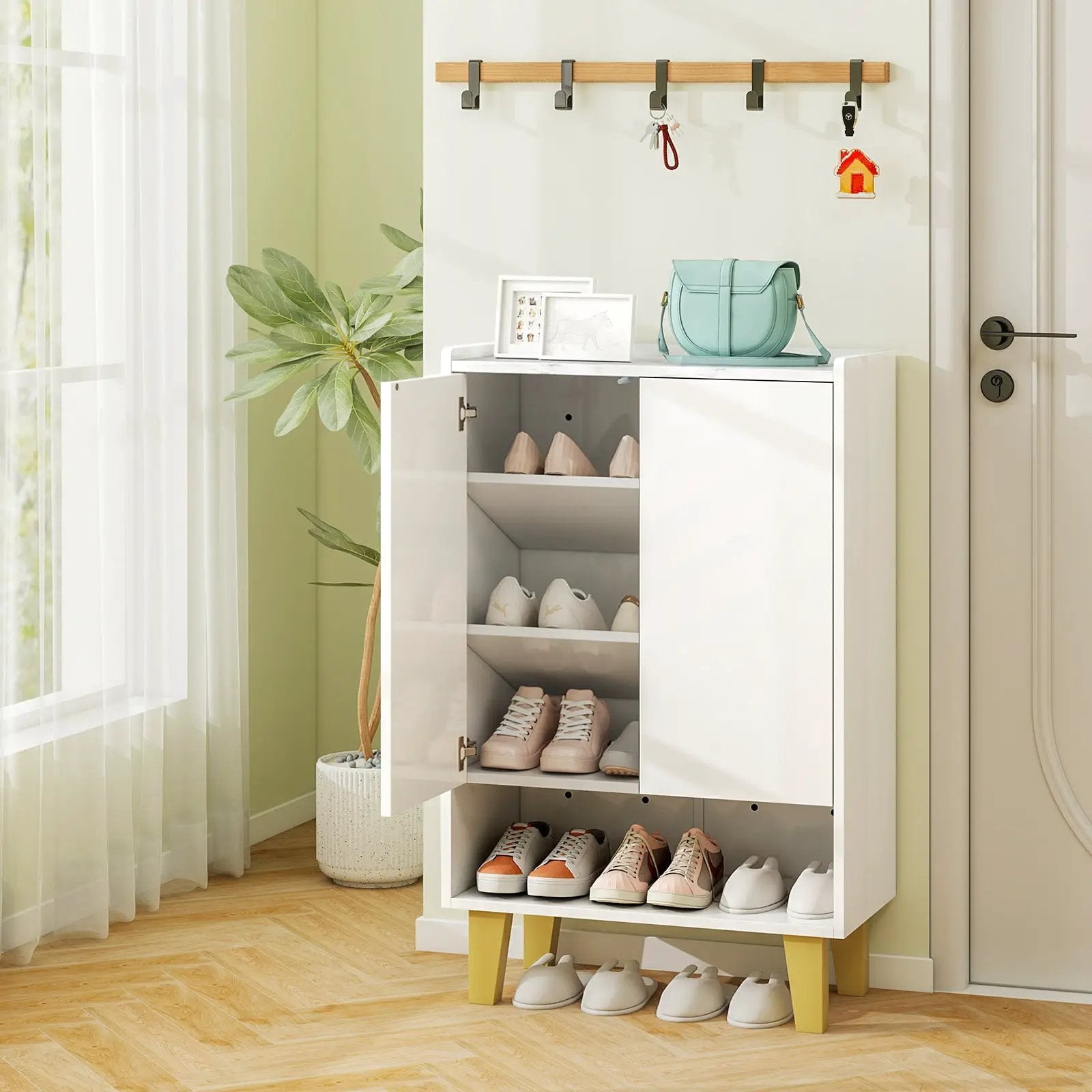 5-Tier Shoe Cabinet with Faux Marble Countertop and Flat Tilting Shelves-White by DirectDeals