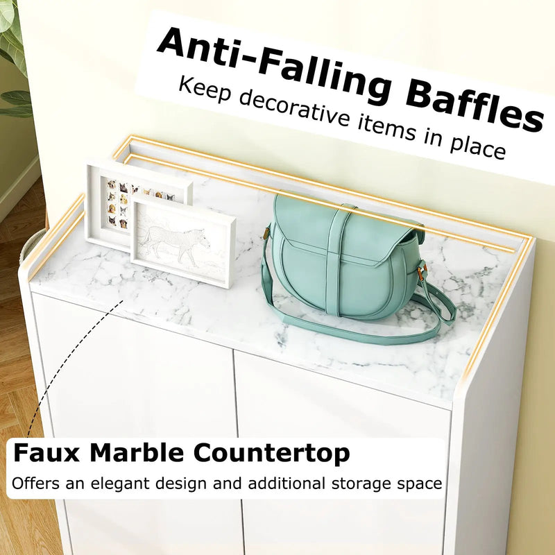 5-Tier Shoe Cabinet with Faux Marble Countertop and Flat Tilting Shelves-White by DirectDeals