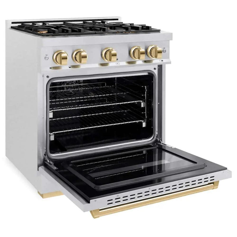 ZLINE 30" Dual Fuel Range, Gas Cooktop, Electric Convection Oven DuraSnow® Stainless Steel, Gold CDRSZ-30-G by Farmhouse Kitchen and Bath
