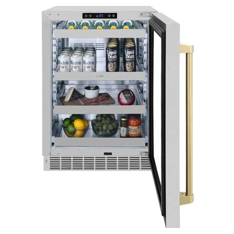 ZLINE 24" Touchstone 151 Can Beverage Fridge DuraSnow® Stainless Steel Glass Door And Champagne Bronze Handle RBSOZ-SN-24-CB by Farmhouse Kitchen and Bath