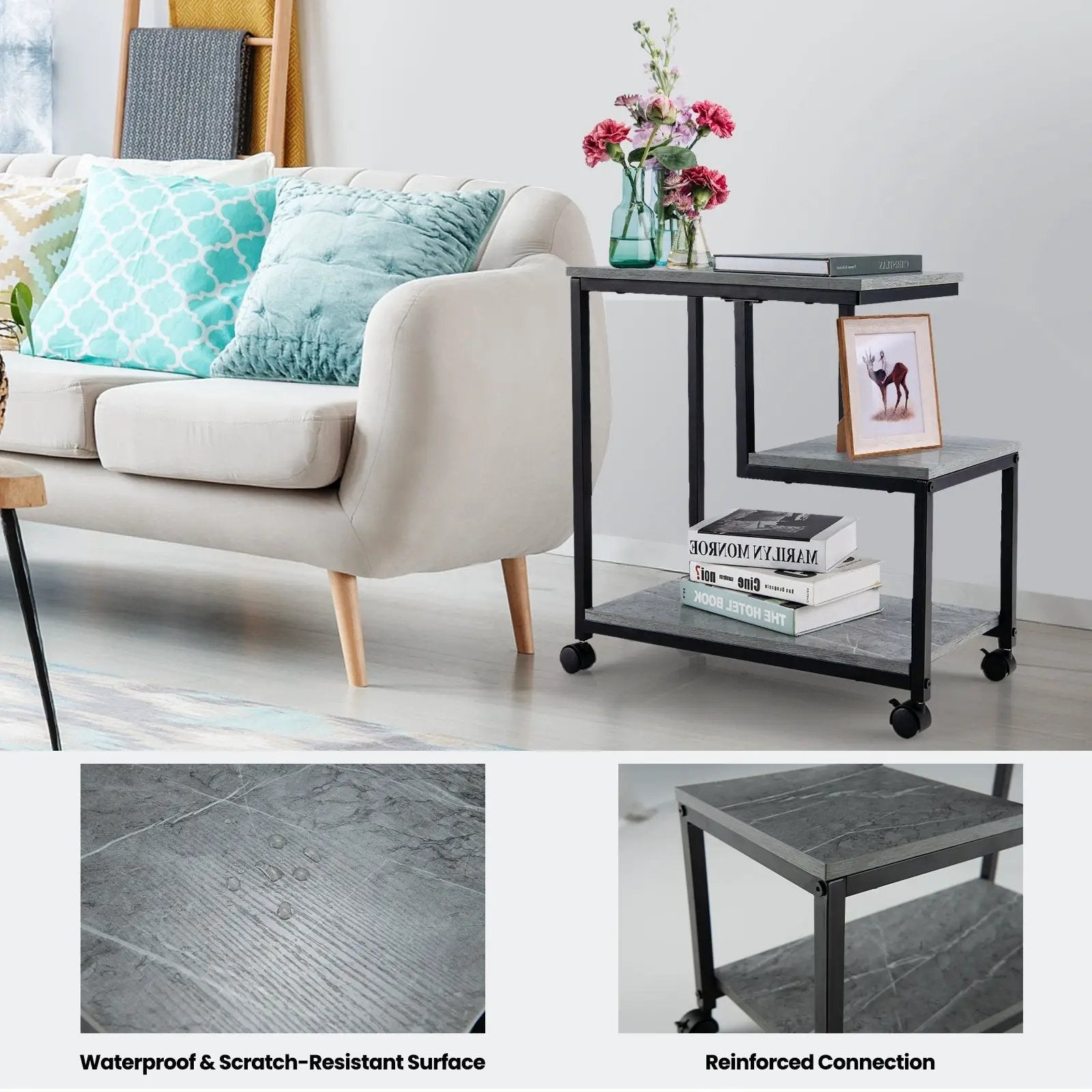 3-Tier Side Table with Storage and Universal Casters for Living Room and Bedroom-Black by DirectDeals