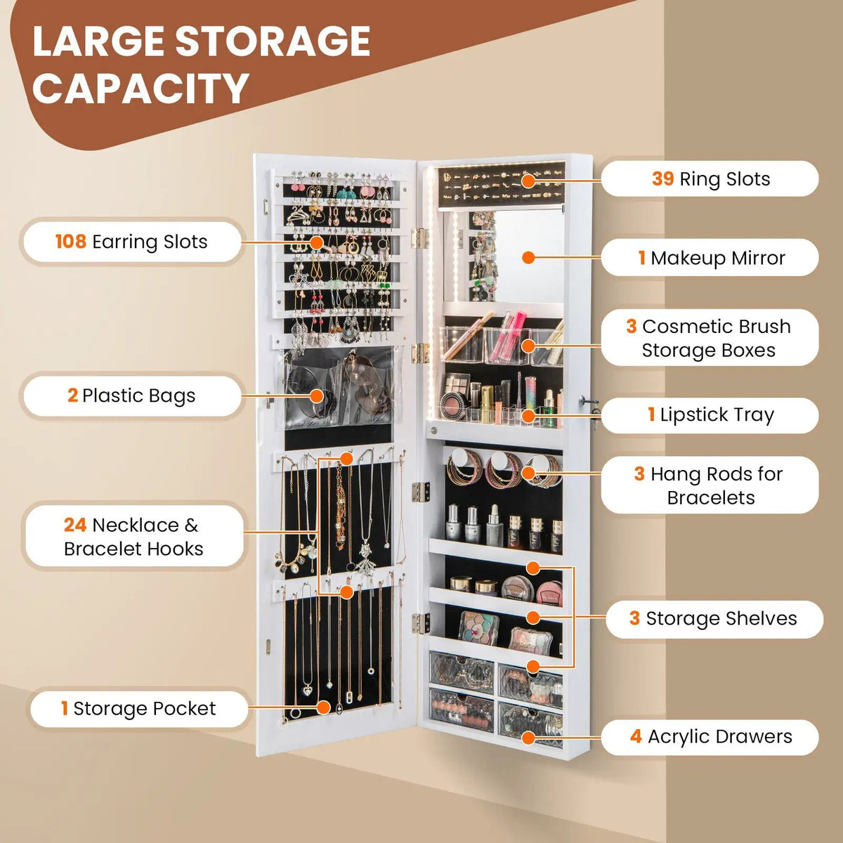 Wall Mounted Jewelry Cabinet with 3-Color Lights, photo 18 of 24