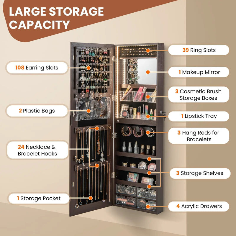 Wall Mounted Jewelry Cabinet with 3-Color Lights by DirectDeals