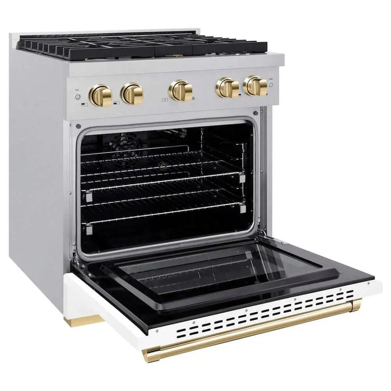ZLINE 30"Gas Range, Convection Gas Oven, DuraSnow® White Matte, Gold SGRSZ-WM-30-G by Farmhouse Kitchen and Bath