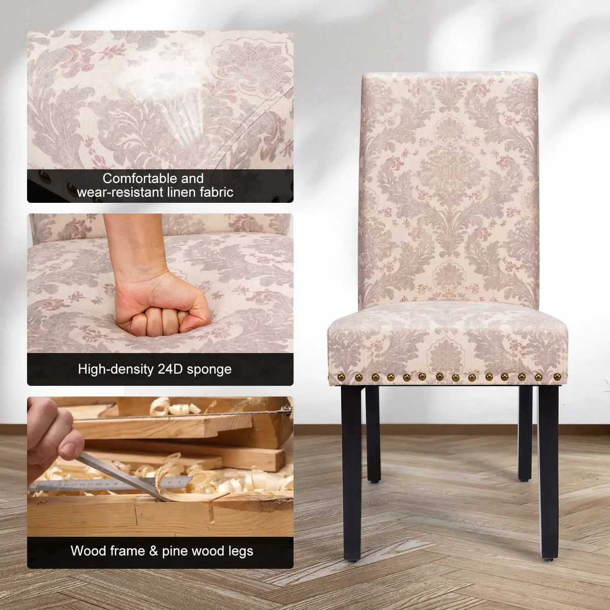 Set of 2 Fabric Upholstered Dining Chairs with Nailhead, photo 38 of 40
