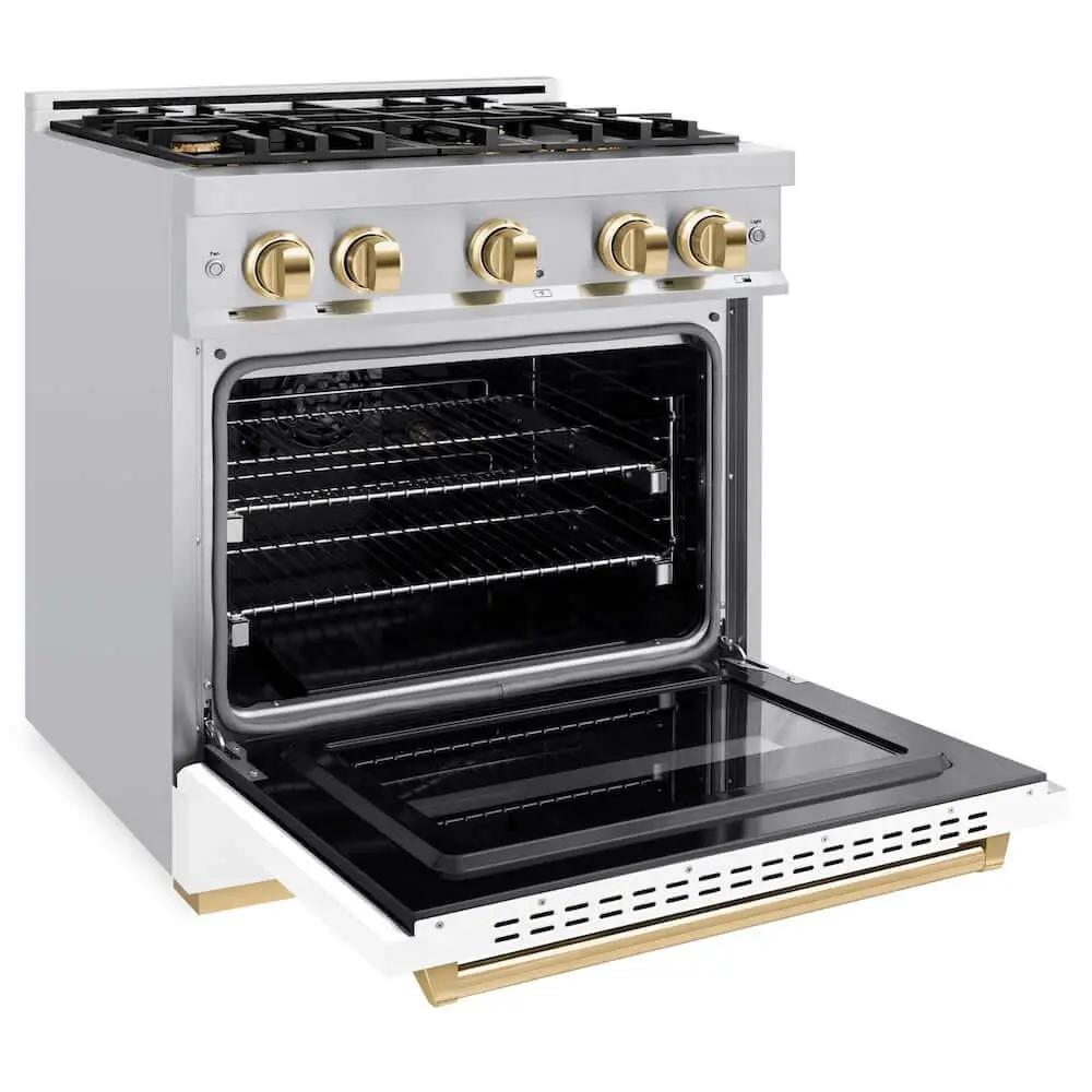 ZLINE 30"Classic Gas Range, Convection Gas Oven, DuraSnow® Stainless Steel, White Matte Door Polished Gold CGRSZ-WM-30-G by Farmhouse Kitchen and Bath