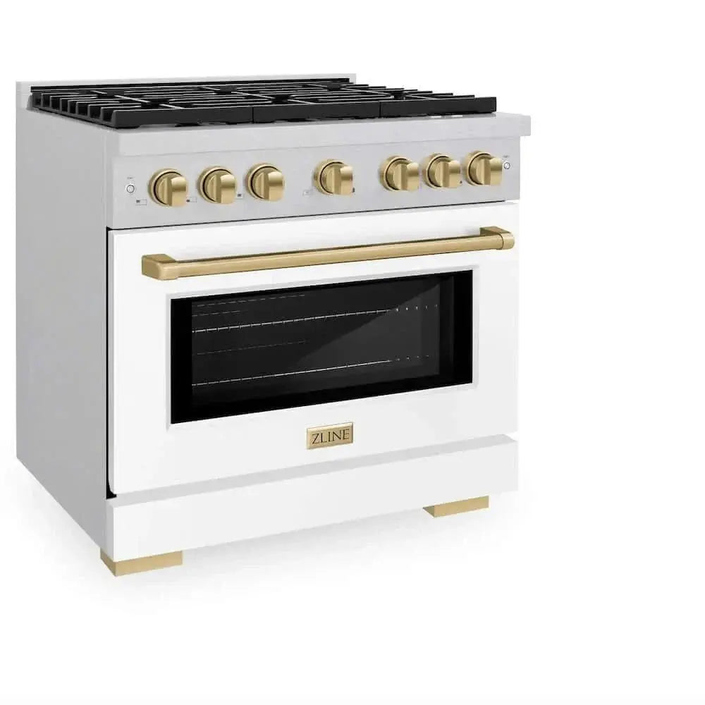 ZLINE 36"Gas Range, Convection Gas Oven, DuraSnow® White Matte, Champagne Bronze SGRSZ-WM-36-CB by Farmhouse Kitchen and Bath