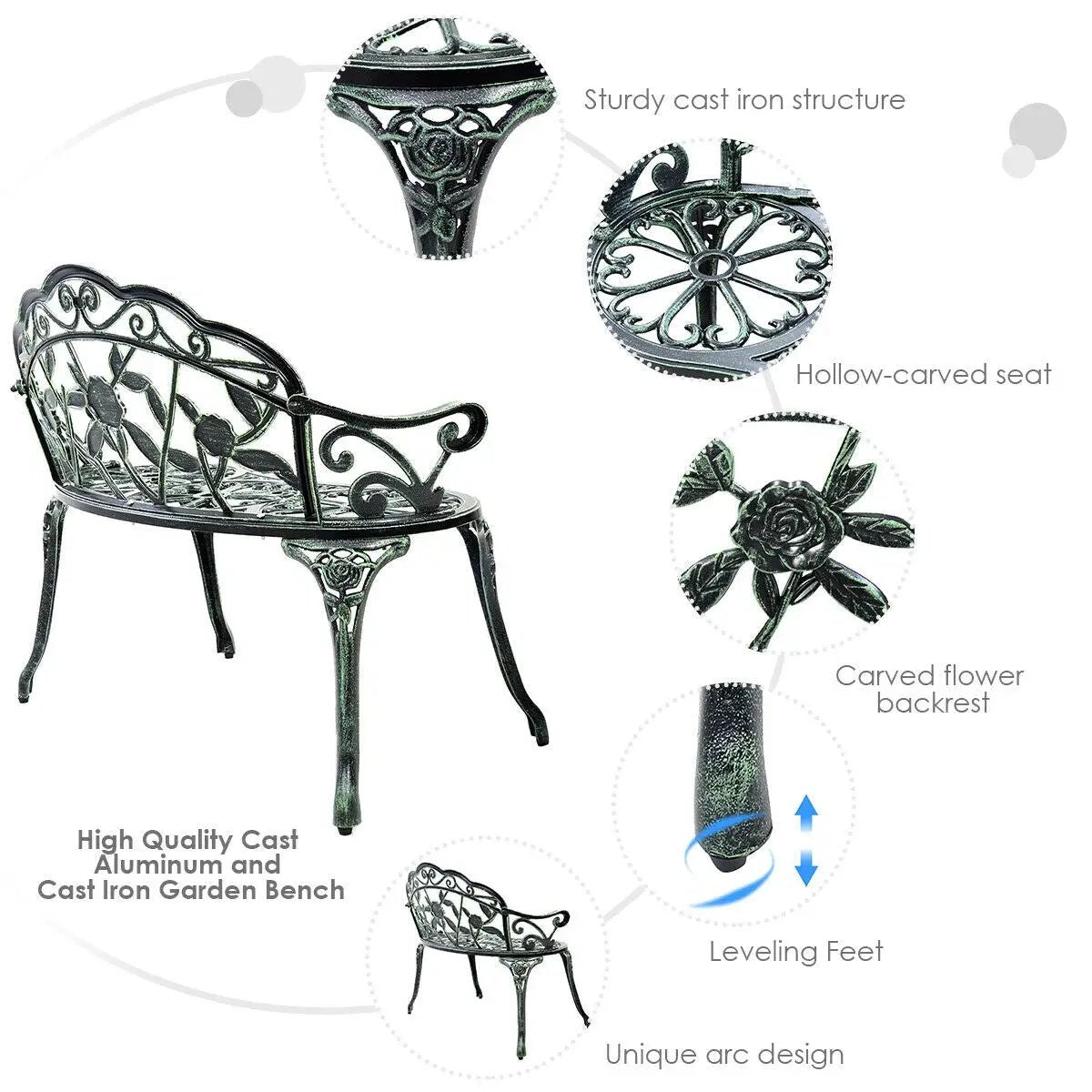 Outdoor Cast Aluminum Patio Bench Antique Rose, photo 9 of 16