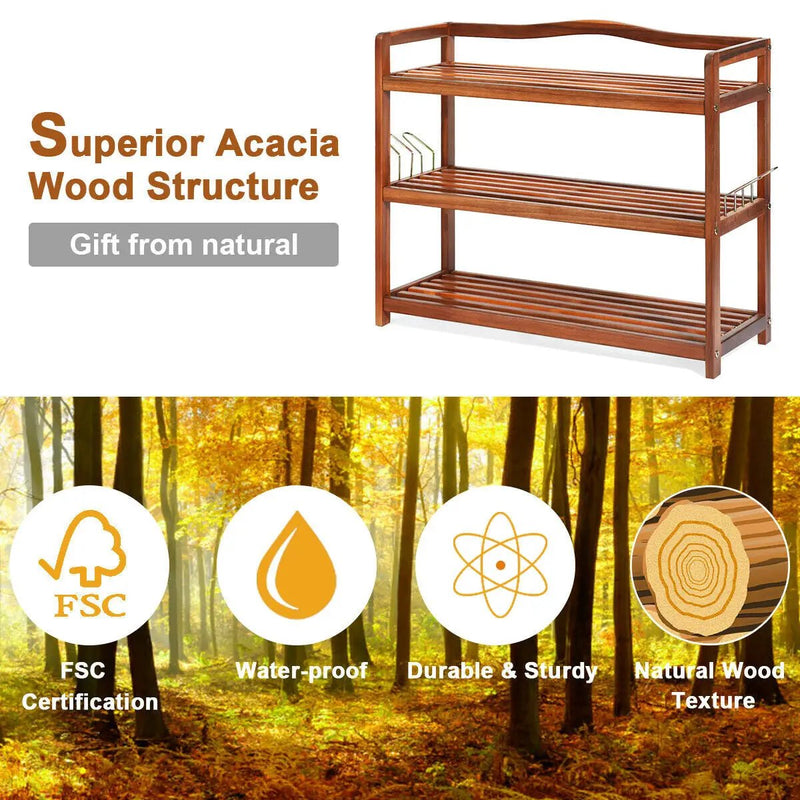 2-Tier Acacia Wood Shoe Rack with 4 Side Metal Hooks by DirectDeals