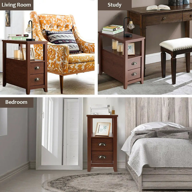 Set of 2 End Table Wooden with 2 Drawer & Shelf Bedside Table by DirectDeals
