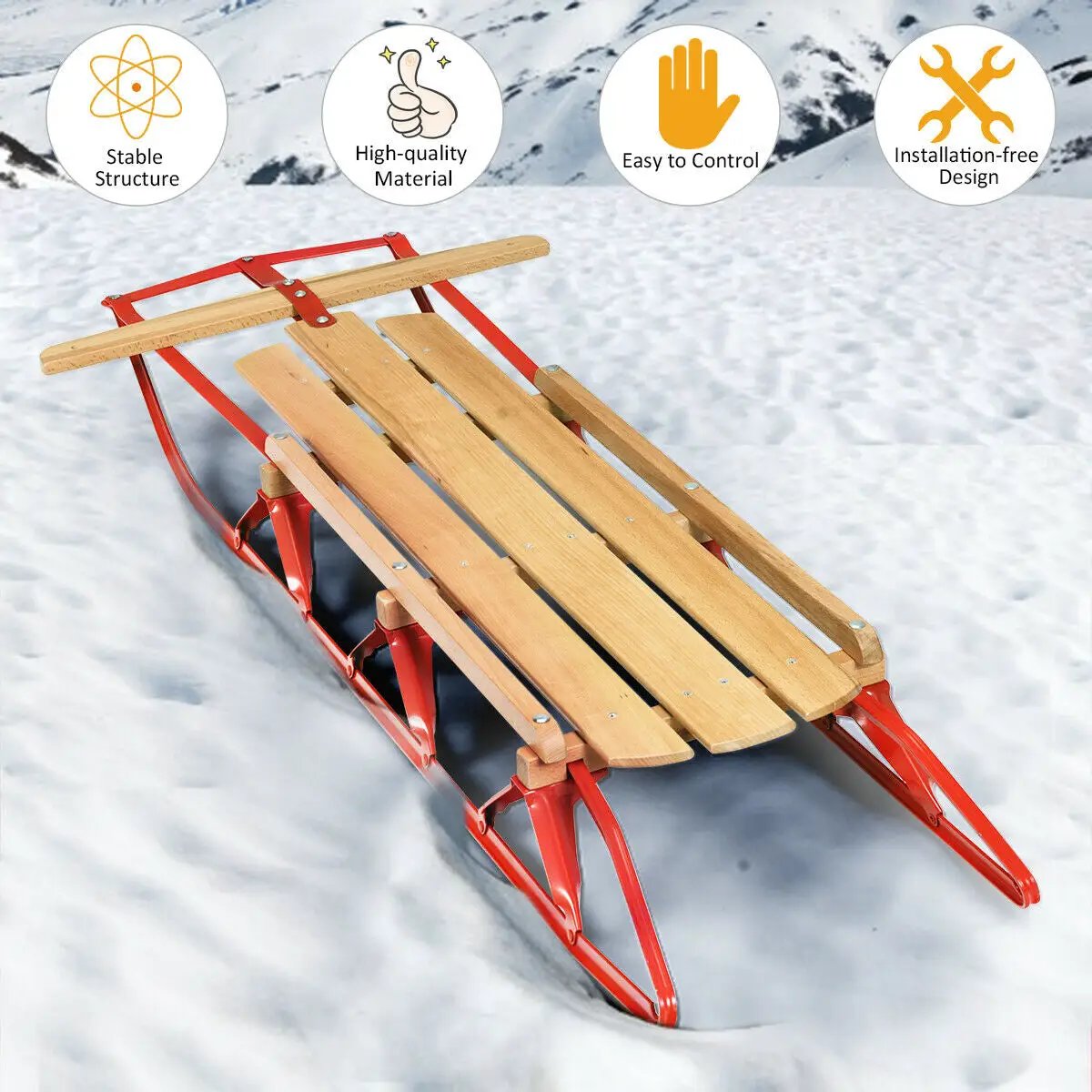 54 Inch Wood Snow Sled with Metal Runners and Steering Bar, photo 12 of 16