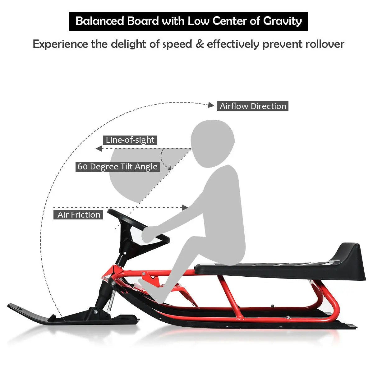 Kids Snow Sled with Steering Wheel and Double Brakes Pull Rope, photo 9 of 16