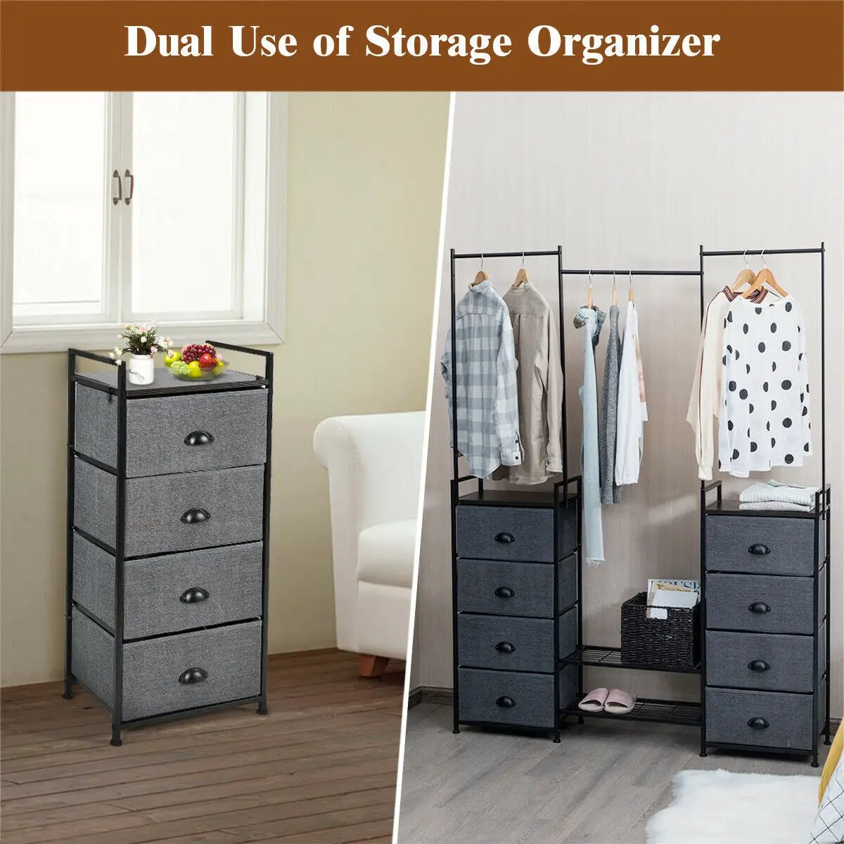 3-in-1 Portable Multifunctional Dresser with 8 Fabric Drawers and Metal Rack by DirectDeals